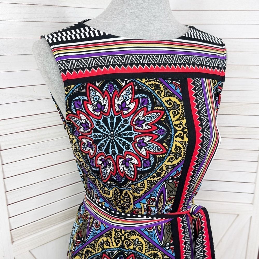 Premise Mosaic Print Sheath Dress Multi Print Belted Sleeveless Red Multi Small - Picture 5 of 12